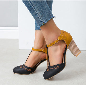 SH428 - Hollow T-Strap High Heel Buckle Shoes